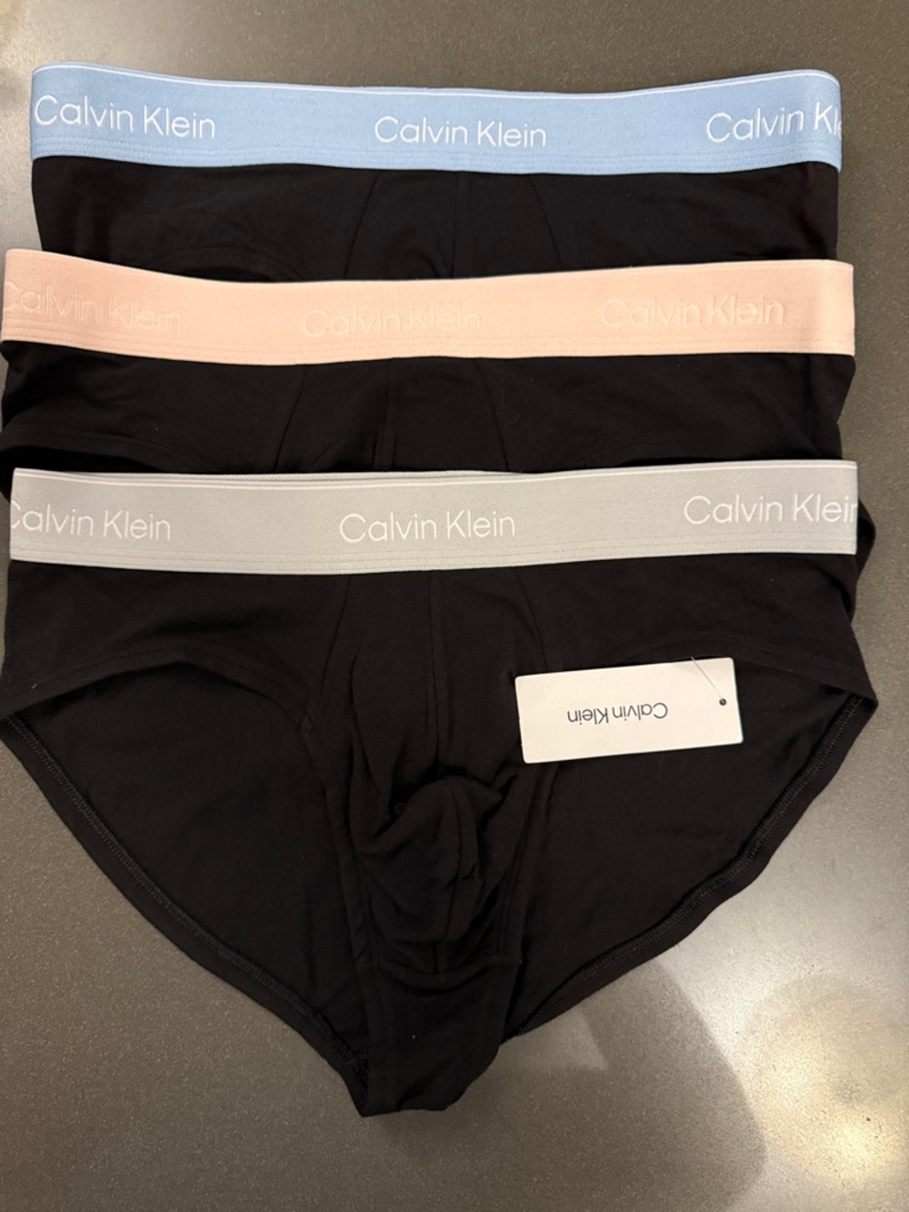 New Calvin Klein Black Hip Briefs Trio with Blue, Pink & Gray Waistbands. Cotton